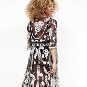 Black Mesh Embroidered Floral long Kimono